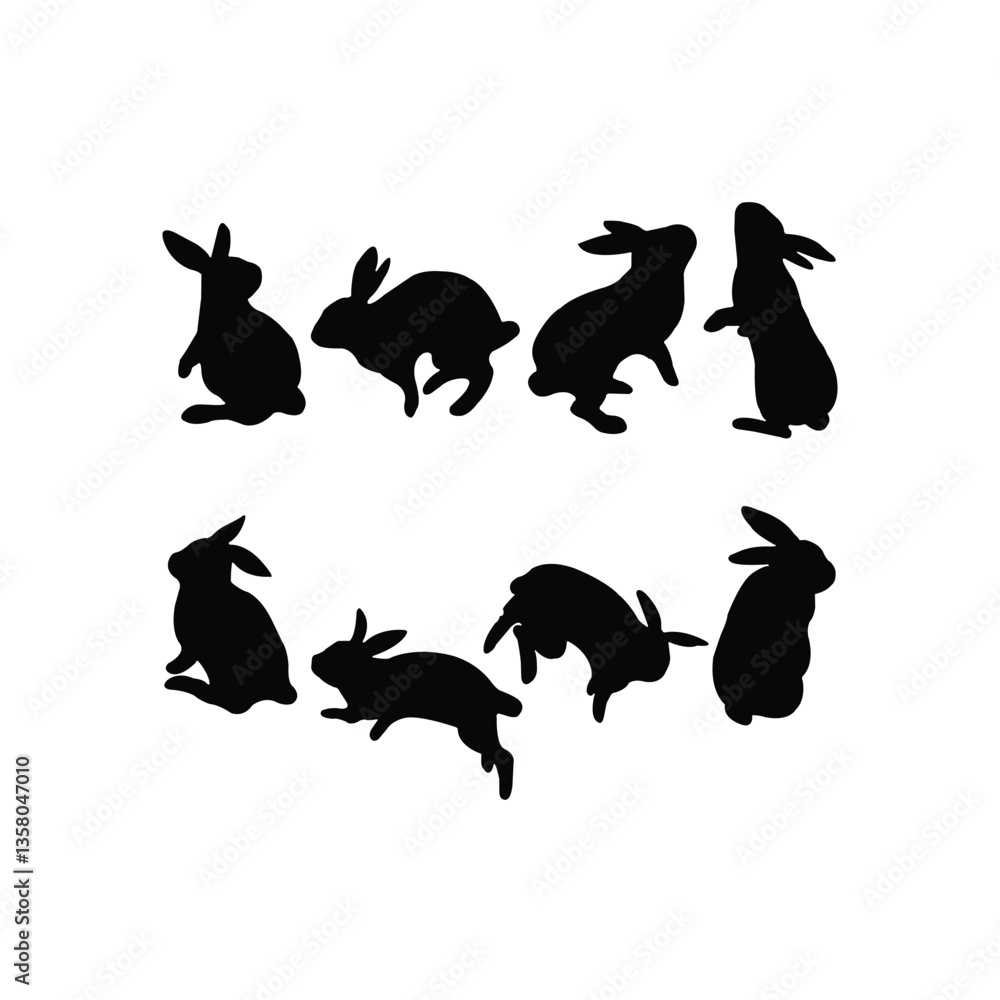 Fototapeta premium Collection of Rabbit Silhouettes in Various Poses for Artistic Designs. Rabbit silhouettes set on white background.