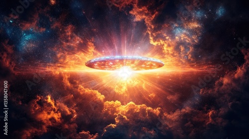 Alien Spaceship Descending Through Cosmic Clouds