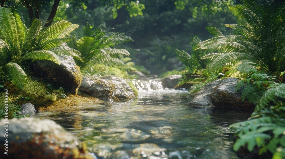 Serene Forest Stream Flows Through Lush Green Vegetation Serene Forest Stream Flows Through Lush Green Vegetation