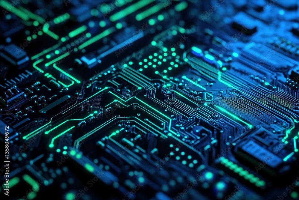 Futuristic circuit board pulsating with green energy, a technological marvel Futuristic circuit board pulsating with green energy, a technological marvel