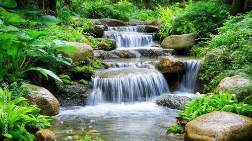 Serene Waterfall Cascading Through Lush Green Foliage