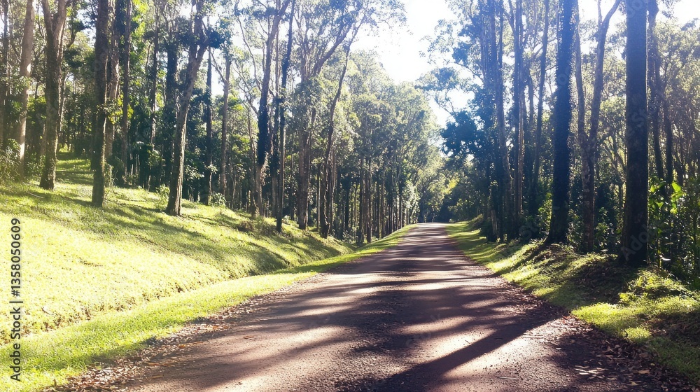 Fototapeta premium Sunlit Path Through Lush Green Forest Trees