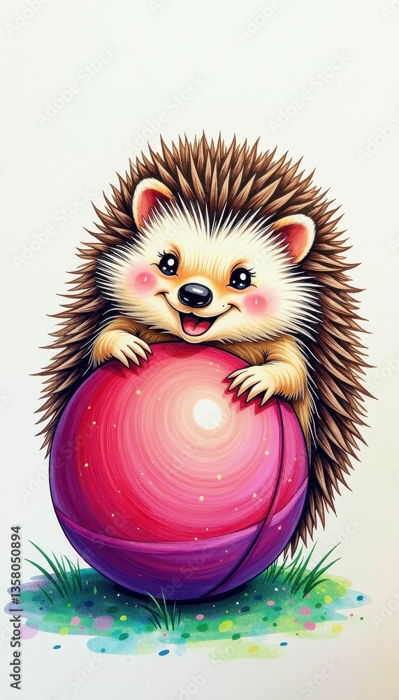 Vibrant Hedgehog Drawing on White Background with Pink Ball and Green Grass. A cute hedgehog sitting on a pink ball. Vibrant Hedgehog Drawing on White Background with Pink Ball and Green Grass. A cute hedgehog sitting on a pink ball.