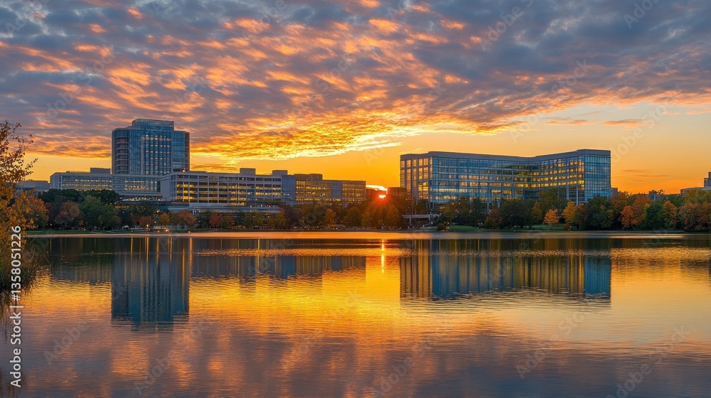 Naklejka premium Golden Sunset Reflecting on Cityscape Buildings and Lake