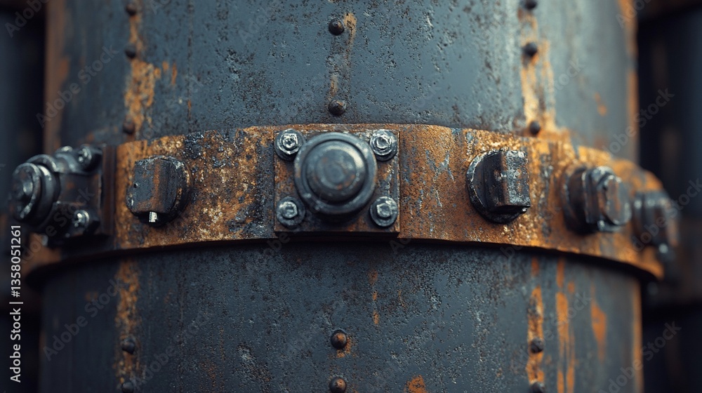 Rusted metal cylinder with bolts and band Rusted metal cylinder with bolts and band