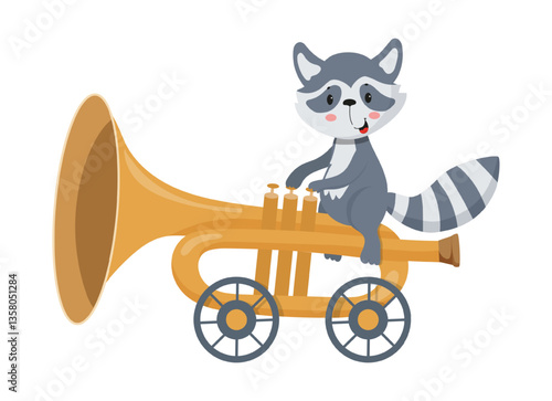 A delightful vector illustration of a gray raccoon playing a yellow trumpet while riding on a wheeled platform.