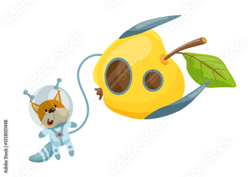 A whimsical vector illustration of a fox in a spacesuit traveling with a yellow pear-shaped spaceship.
