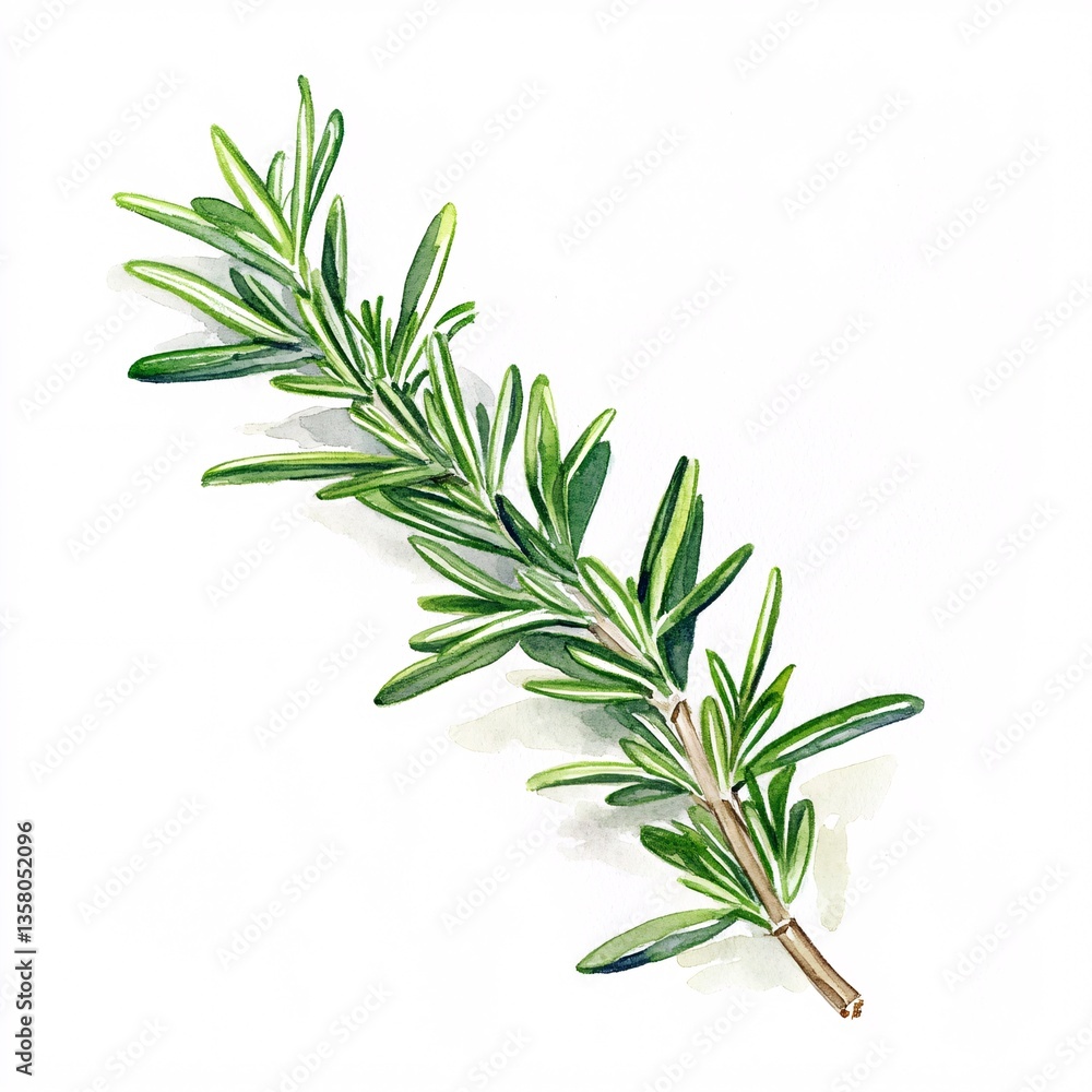 Fototapeta premium Vibrant Watercolor Artwork of Rosemary Herb Sprig on a Soft Background