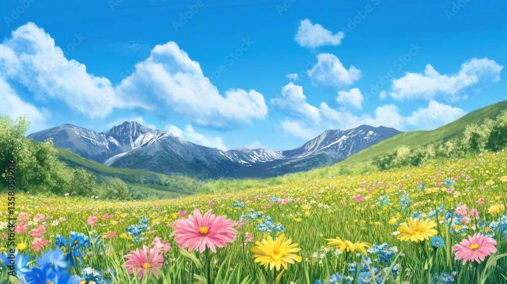 Vibrant Wildflower Meadow Against Majestic Mountain Range Vibrant Wildflower Meadow Against Majestic Mountain Range