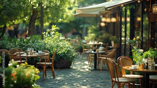 Outdoor cafe patio on a sunny day, perfect for relaxing