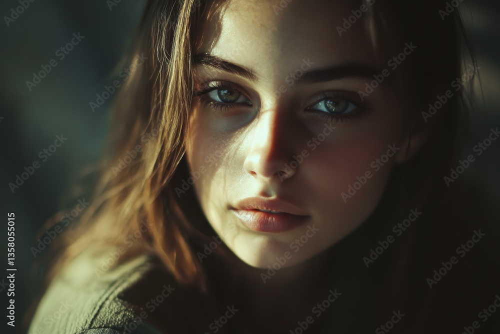 Serene Gaze of an Attractive Young Adult Woman in Shadowy Lighting Serene Gaze of an Attractive Young Adult Woman in Shadowy Lighting