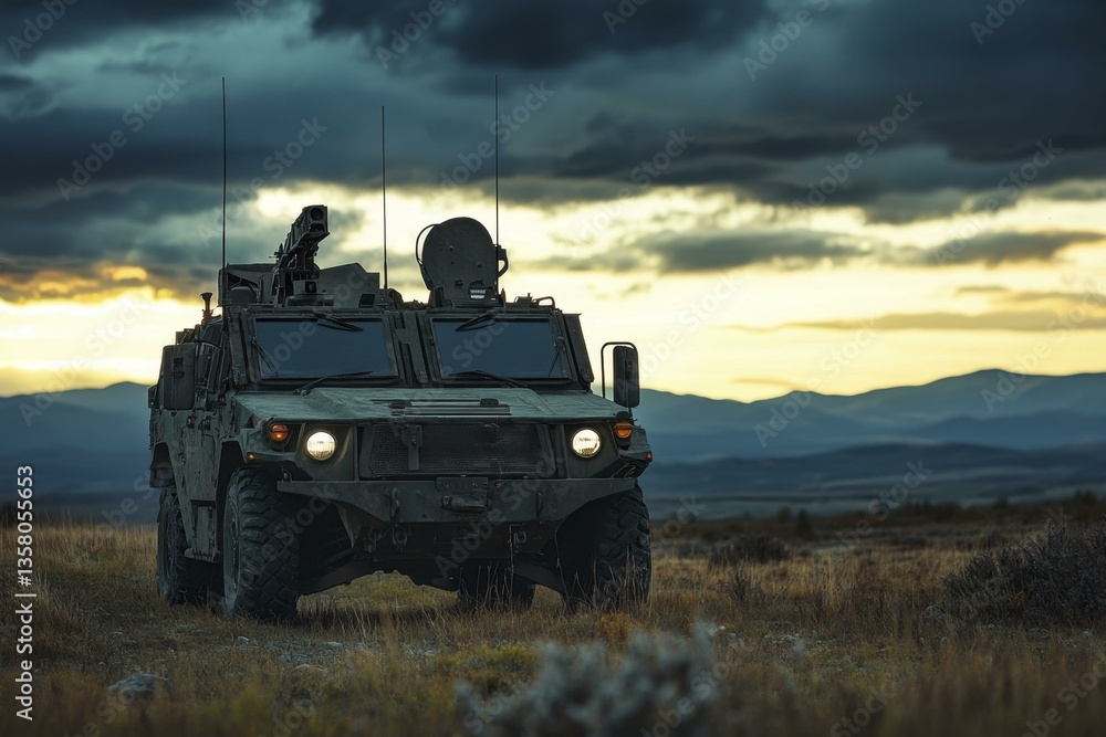 Fototapeta premium Armored Vehicle on Field at Dusk - Rugged Military Transport Ready for Action, Vehicle Headlights, Cloudy Sky, Dramatic