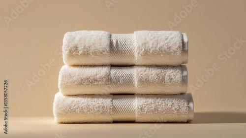 Luxurious terrycloth towel setup highlighting texture absorbency isolated on a clean beige background
