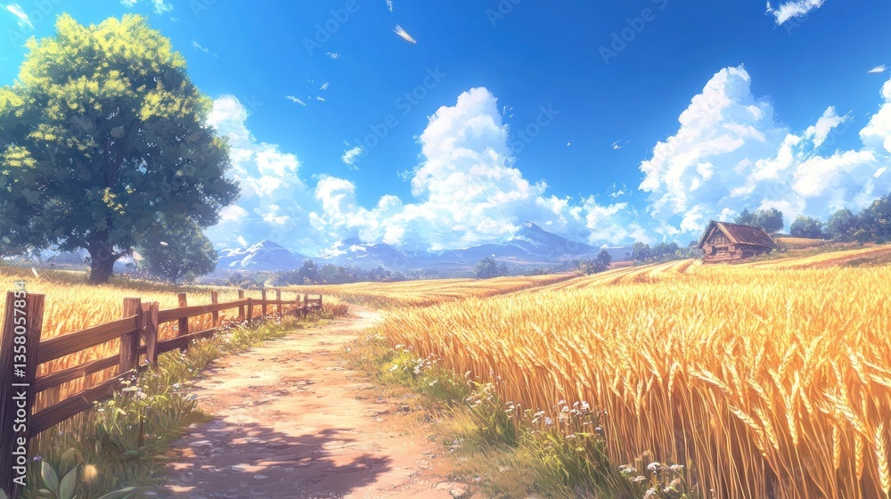 Sunny Rural Path Through Golden Wheat Fields Sunny Rural Path Through Golden Wheat Fields
