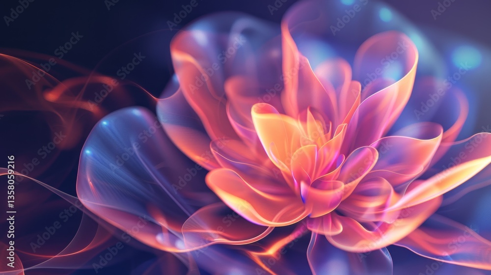 3D illustration Abstract petals flower digital neon graphic smoke light background 3D illustration Abstract petals flower digital neon graphic smoke light background