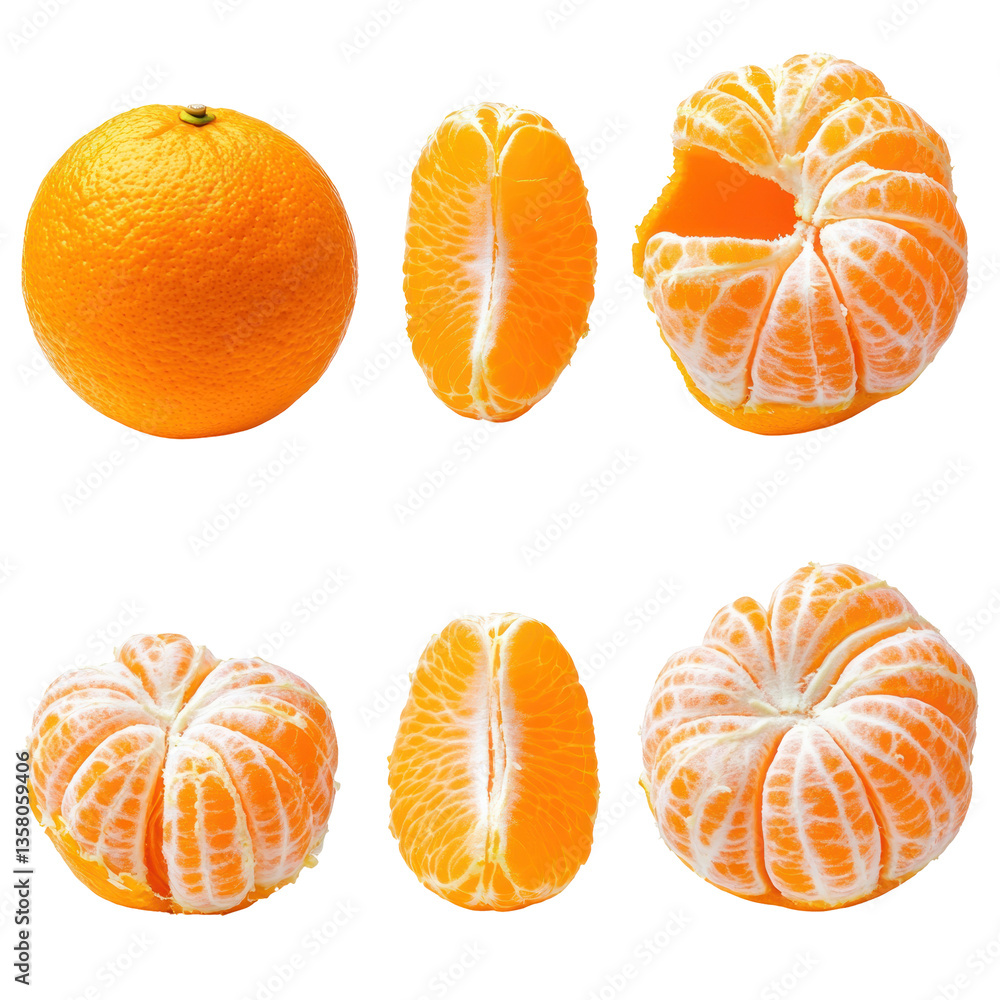 Fresh oranges and mandarins displayed in various cuts and arrangements, highlighting their vibrant colors and textures Fresh oranges and mandarins displayed in various cuts and arrangements, highlighting their vibrant colors and textures