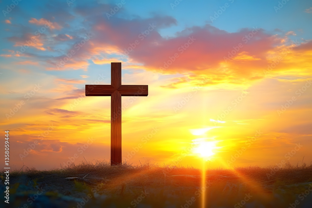 Cross at beautiful sunset, christianity and religion concept Cross at beautiful sunset, christianity and religion concept