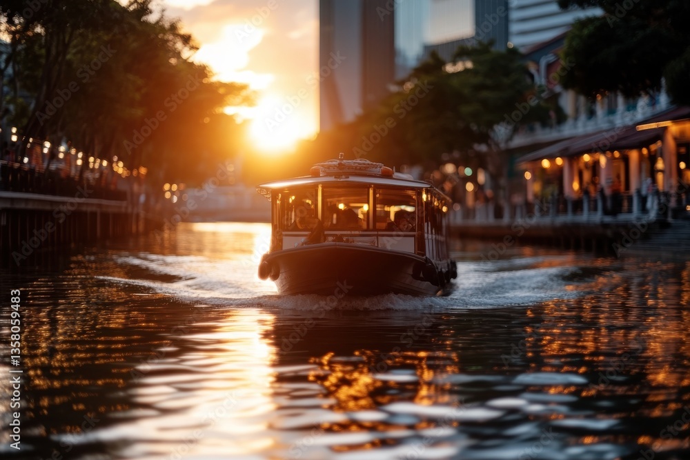 A picturesque scene capturing a boat gliding across the water during a stunning sunset, reflecting golden tones in the calm canal amidst city architecture. A picturesque scene capturing a boat gliding across the water during a stunning sunset, reflecting golden tones in the calm canal amidst city architecture.
