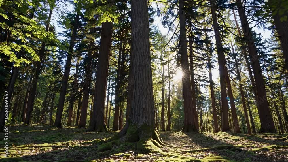 Low-angle video shot of a serene forest with sunlight filtering through tall trees, creating a peaceful and natural atmosphere. Low-angle video shot of a serene forest with sunlight filtering through tall trees, creating a peaceful and natural atmosphere.