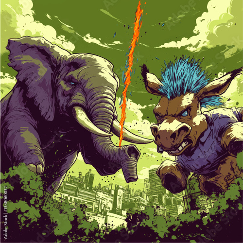 Dynamic Vector Art of Elephant and Punk Donkey in Urban Showdown with Explosive Elements | Vibrant Green Cityscape | Political Animals Clash in Colorful Style