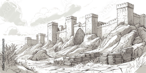 Historic Medieval Fortress with Rocky Landscape and Wooden Logs: Architectural Illustration of Castle Walls, Watchtowers, and Overcast Sky in Vector Art