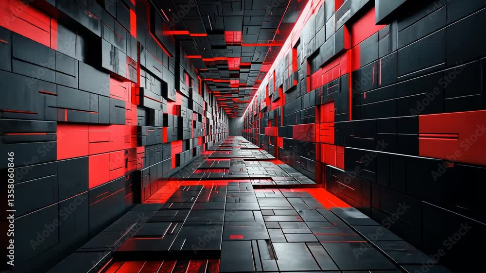 Futuristic tunnel of red and black geometric tiles.  Dynamic,  technological corridor