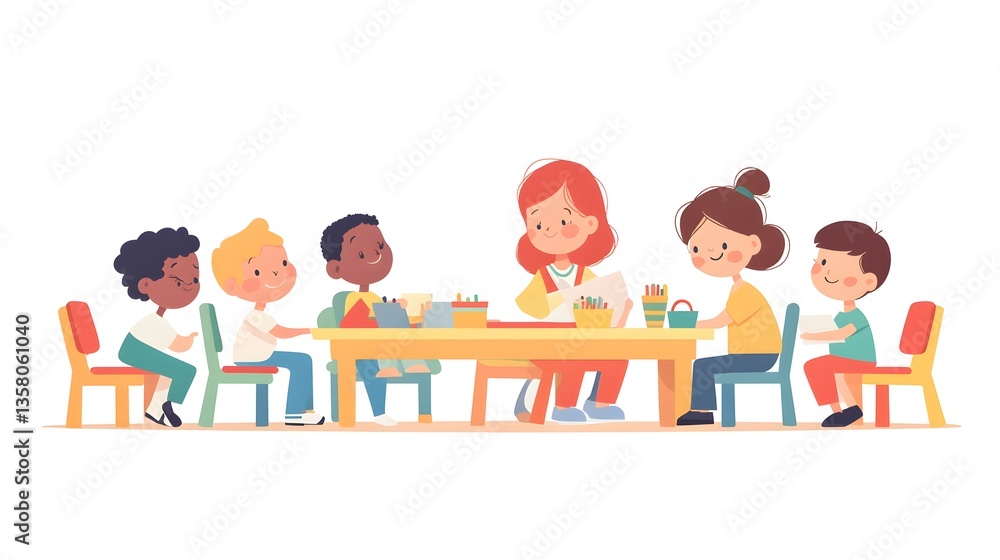 Collection of Isolated Illustrations Showing Diverse Children in Kindergarten Activities Collection of Isolated Illustrations Showing Diverse Children in Kindergarten Activities