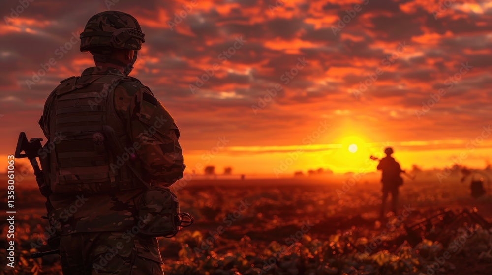 A soldier stands in a field with a sunset in the background