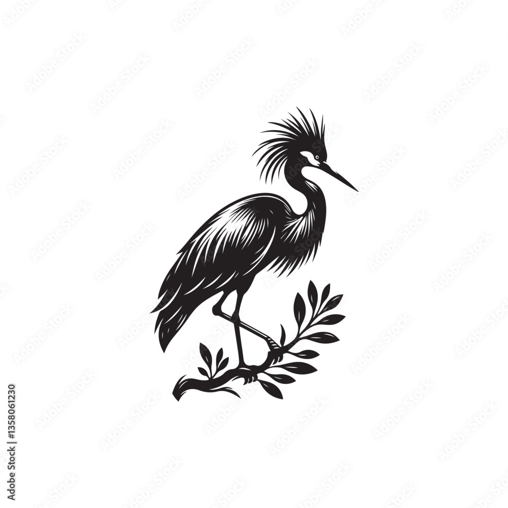 Obraz premium Black Color Egret Silhouette Vector Illustration, Solid White Background