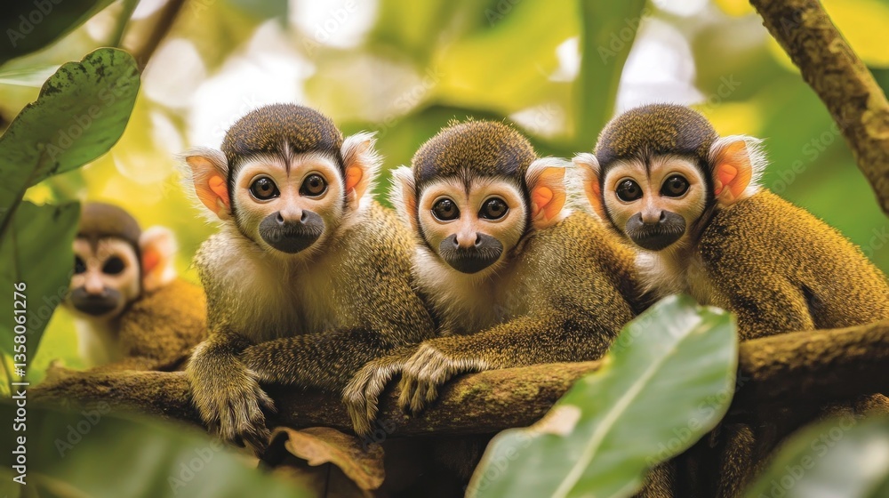 Three Curious Squirrel Monkeys Resting on a Branch Three Curious Squirrel Monkeys Resting on a Branch