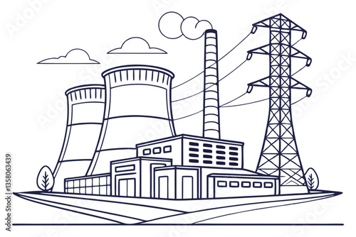 Industrial Power Plants Line Art Vector Illustration for Power Generation