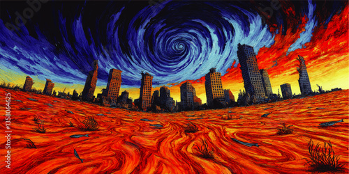 Post-Apocalyptic Cityscape Vector Art Depicting Dramatic Swirling Sky and Abandoned Ruins in Vibrant Colors with Red-orange Ground and Eerie Atmosphere