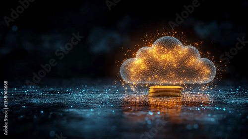 A stack of coins under a cloud, symbolizing cloud cost budgeting and optimization, set in a minimalistic, bright tone with modern blurred space and room for caption