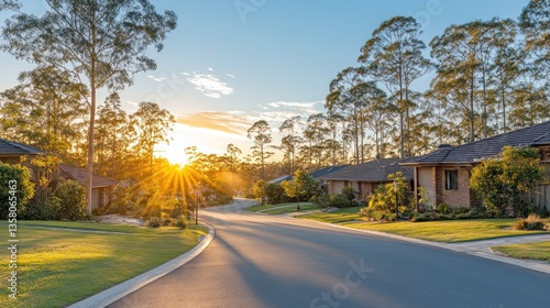 Sunset view of a residential street lined with houses and trees