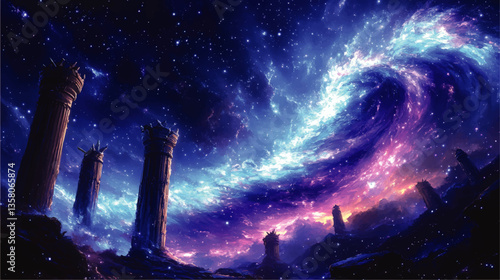 Majestic Ancient Ruins and Cosmic Vortex Under Starry Night Sky - Surreal Vector Art with Mystical Columns, Vibrant Galactic Colors, and Celestial Wonders
