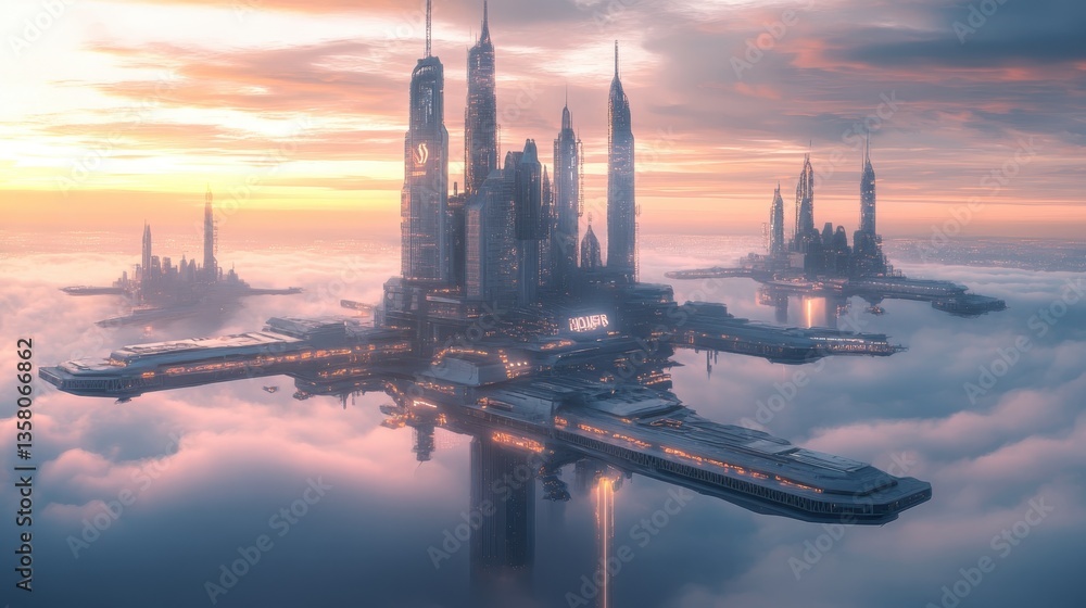 Futuristic cityscape with floating skyscrapers above clouds during sunset