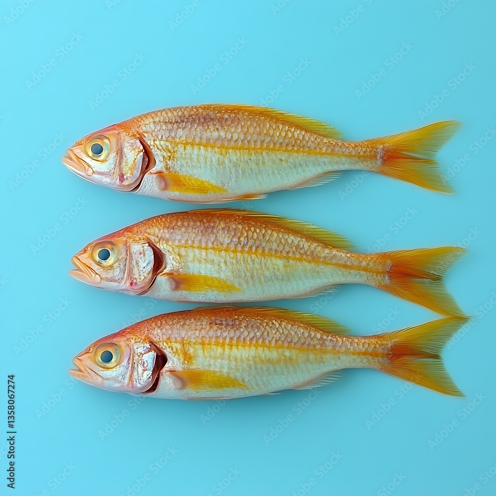 Three Fish Arranged on Blue Surface Three Fish Arranged on Blue Surface