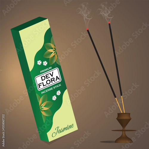 This image showcases a beautifully designed incense stick box labeled "Dev Flora" with a jasmine fragrance, accompanied by two burning incense sticks emitting fragrant smoke.