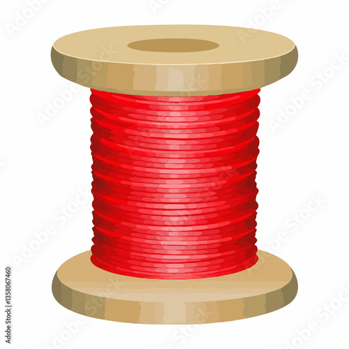 Wooden spool with red thread winding, Vector Image