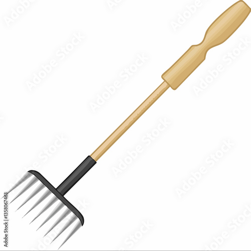 Wooden-handled garden rake with metal tines, Vector Image