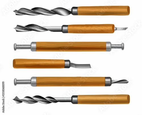 Collection of woodworking hand tools with wooden handles, Vector Image