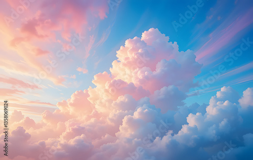Fototapeta Naklejka Na Ścianę i Meble -  Beauty sweet, pastel orange and blue, colorful with fluffy clouds in the sky. multi color rainbow image. Abstract fantasy growing light. Beauty smooth abstract sweet pastel cloudy on sky
