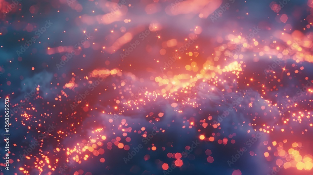 Abstract Sparkle Particle Background. Defocused Bokeh Lights And Glittering Dust Particles, Glowing Festive Backdrop, Graphic Design Element. Abstract Sparkle Particle Background. Defocused Bokeh Lights And Glittering Dust Particles, Glowing Festive Backdrop, Graphic Design Element.