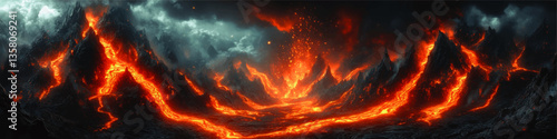 Dramatic Volcanic Eruption Scene with Flowing Lava and Smoke Against Dark Sky - Vibrant Vector Illustration of Active Volcano Mountains and Fiery Landscape