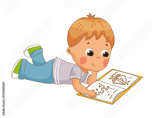 Detailed vector illustration of a boy lying on the floor, absorbed in reading a book. The scene captures a moment of quiet learning and childhood curiosity.