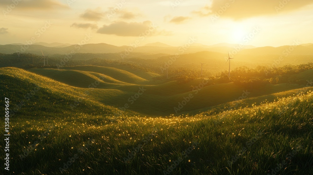 Obraz premium Golden Sunset Over Rolling Hills With Wind Turbines