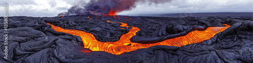 Stunning Vector Image of Flowing Lava and Volcanic Eruption with Smoky Clouds Capturing the Intense Power and Beauty of Nature's Fiery Volcano Landscape