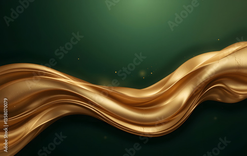 Dark golden liquid flowing waves abstract background. Bronze smooth wavy banner design. Abstract curved gold shape on green background with lighting effect and copy space for text. Luxury design style