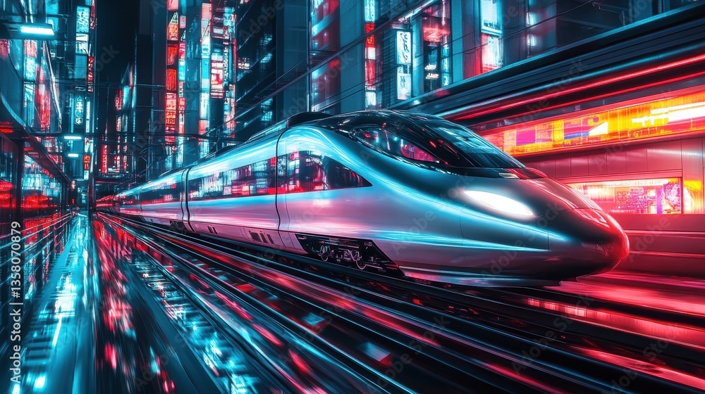 Futuristic high-speed train traveling through a vibrant urban landscape at night with glowing lights Futuristic high-speed train traveling through a vibrant urban landscape at night with glowing lights