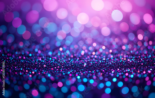 Neon glitter background. Grain texture. Defocused sparkles. Bokeh glow. Fluorescent blue magenta pink color gradient light shimmering sequin pattern. Abstract modern Purple Glitter Background 